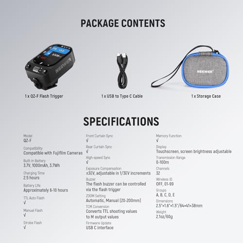 NEEWER QZ-F 2.4G TTL - Disparador de Flash inalámbrico Compatible con cámaras Fujifilm Fuji X100VI X100V XT30 II XT5 XT50, transmisor de Flash de Pantalla táctil, 1/8000s HSS, batería de 1000 mAh - imagen 8