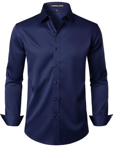 Image of PARKLEES Men's Slim Fit Casual Business Dress Shirt Navy L