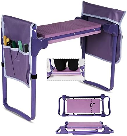 Garden Kneeler and Seat Bench Garden Workseat Folding Gardening Bench EVA Foam Kneeling Pad and Detachable Tool Pouch 2 in 1 Portable Gardening Stools for Outdoor Fishing (Dual Pouch Wide Purple)