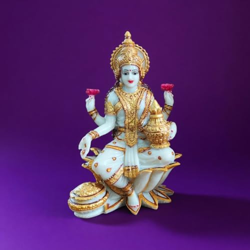 Image of YASHONIDHI Lakshmi Devi Marble Dust Idol, 7 Inches, White and Gold, Goddess Laxmi MATA Murti, for Pooja Room, for Home Decor, Office Decoration, for Good Luck and Wealth, Gift for All Occasions