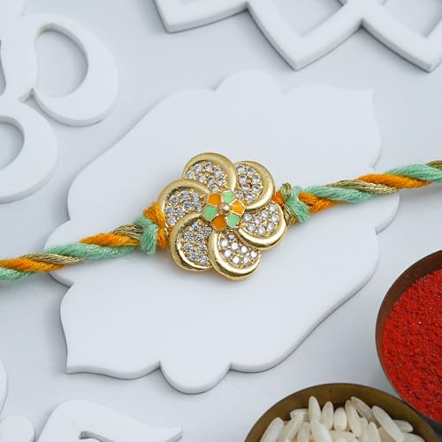 Image of eCraftIndia Yellow Green Flower Rakhi for Brother Bhaiya Bhai with Best Bro Ever Fridge Magnet | Roli Chawal Pack