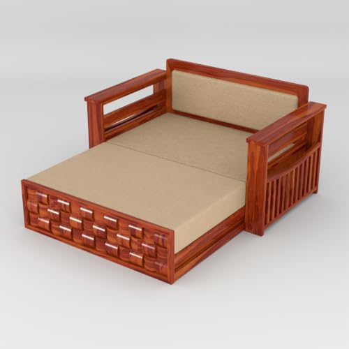 Image of Solid Sheesham Wood Sofa Cums Bed with Mattress & Storage | Rosewood Convertible Sofa Bed for Living Room & Bedroom (Niwar-Honey Finish, 2 Seater)