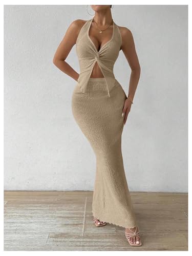 Image of SOLY HUX Women's Two Piece Outfits Twist Front Halter Cami Tops and Skirt Summer Set
