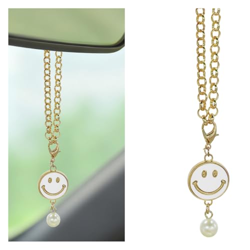 DEAELF Cute Car Hanging Ornament, Happy Smiley Face Car Rear View Mirrors Charm, Aesthetic Pearl Auto Decoration Pendant, Creative Vehicle Interior Mirror Accessories (White)