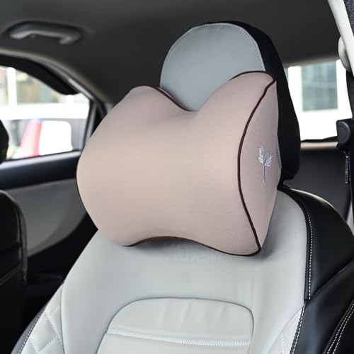 Grin Health Orthopedic Neck Rest Pillow, Superior Neck Support Cushion, Car Headrest Cushion for Comfort Car Rides Neck Pillow Relieves Neck Pain, Memory Foam Head Rest Pillow (L-Curve, Beige)