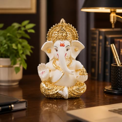 Image of Gold Art India Lord Ganesha Gold Plated Idol | Elegant Off White Finish | Premium Peacock Green Velvet Gift Box | Ganesh Murti for Home Temple, Office Desk & Car Dashboard | Spiritual Gift