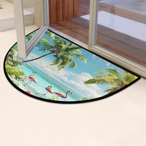Image of Half Round Doormat Summer Flamingo Beach Flowers Non Slip Half Circle Area Rugs Indoor Washable Half Moon Rug Semi Circle Bathroom Runner Mat Entrance Floor Carpet for Kithen Bedroom Fireplace Decor