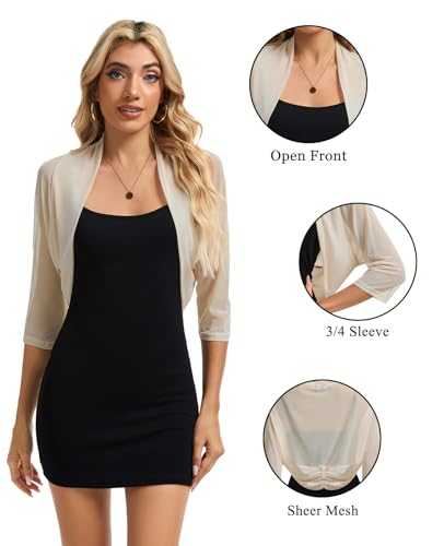 Image of MINTLIMIT Women's Elegant Sheer Mesh Shrug Bolero Batwing 3 /4 Sleeve Open Front Cropped Cardigan Shrugs for Evening Dress
