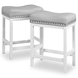 OUllUO Bar Stools Set of 2, 25 Inches Counter Height Bar Stools, Gray Faux Leather Saddle Seat Bar Stools with Nailhead, White Metal Kitchen Barstools for Kitchen Counter, 918P-NG