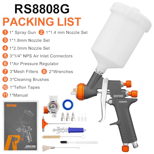REFINE Air Spray Gun, Auto Paint Gun with 1.4/1.8/2.0mm Nozzle, Professional Automotive Spray Gun, Air Compressor Auto Body Paint Sprayer for Cars, House, Furniture Painting with Air Pressure Gauge