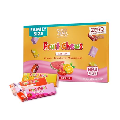 ChocZero Sugar Free Fruit Chews, Low Carb Keto Friendly Taffy Candy, No Sugar Alcohols, High Fiber, Gluten Free, Orange Strawberry Watermelon, 8 oz Box