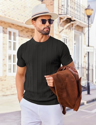 COOFANDY Mens Dress T Shirts Summer Short Sleeve Sweater Shirt Knitted Crewneck Tee Shirt Black - Image 4