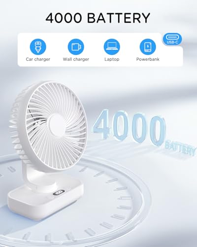 EasyAcc Tischventilator, 4000 Akku Automatischer Oszillierender Kleiner USB Ventilator, Tragbarer Aufladbar Basis Ventilatoren mit 4 Geschwindigkeiten für Camp,Büro, Bibliothek und Zuhause - Weiß 4