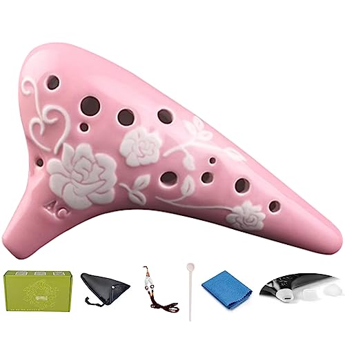 Zycsktl Idyllic Rose-Relief Submarine-Shaped Ocarina, Beginner's 12 Hole Alto C Flute Instrument, Artwork, Cloth Bag + Cleaning Stick + Mouthpiece Protector (Color : Pink, Size : 18105Cm) #TOP4