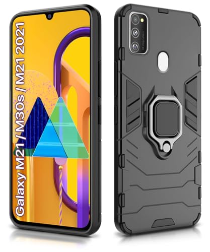 Image of WOW IMAGINE Shock Proof Back Case Mobile Cover for Samsung Galaxy M21 | M30s | M21 2021 Edition (Armor | Hybrid PC + TPU | Full Protection with Ring Holder Kickstand | Carbon Black)