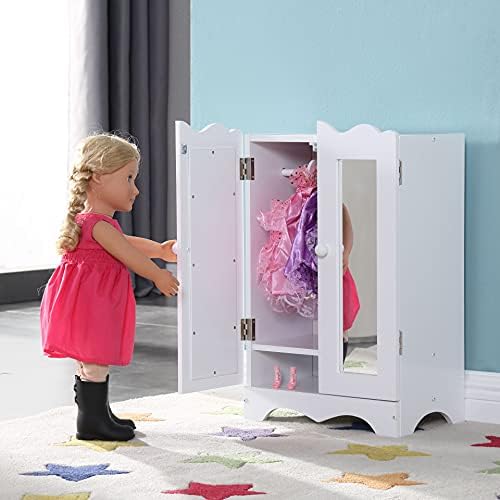 Dolls Wardrobe Wooden Dolls Furniture with 6 Clothes Hangers Open Closet Organizer Doll Armoire for Barbie Dolls Toys Dollhouse Accessories Fits Doll Up to 20''