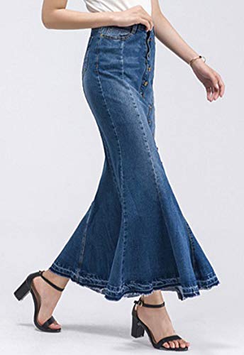 Chartou Women's Elegant Exposed Button-Fly Flared Mermaid Long Denim Skirt (X-Large, Blue) #TOP1