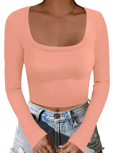 ANRABESS Women's Square Neck Long Sleeve Crop Top Fall Ribbed Basic Shirts