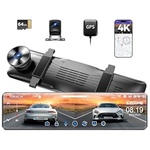 AZDOME 12″ 4K WiFi Rear View Mirror Camera, Mirror Dash Cam Front and Rear with GPS, Dual Dash Camera for Cars, Waterproof Backup Camera, WDR Night Vision, 24H Parking Monitor, 64GB Card