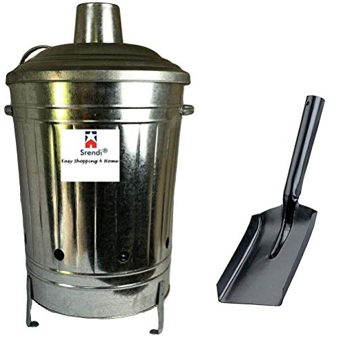 Srendi® Small Medium Large 15L 60L 90L Litre Metal Galvanised Garden Incinerator Fire Bin Burning Leaves Paper Wood Rubbish Dustbin Shovel Poker Made in U. K. (60L INC+Shovel)