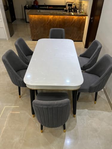 Image of WOODEN SPACE 6-Seater Wooden Dining Table Set | Nano Composite Marble Top | Solid Wood Base | Modern Dining Room Furniture with 6 Chairs (Dark Grey Infinity Backline)