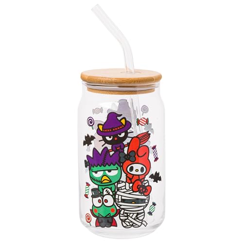 Silver Buffalo Sanrio Hello Kitty & Friends Halloween Spooky Badtz-Maru Frankenstein, Chococat Witch, My Melody Ghost, Keroppi Vampire, Mummy Glass Jar Tumbler w Bamboo Lid and Glass Straw, 16oz