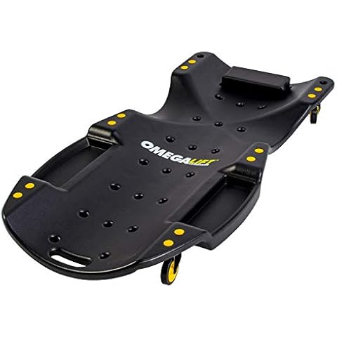 Omega Lift Mechanic Plastic Creeper 48 Inch - Blow Molded Ergonomic HDPE Body with Padded Headrest & Dual Tool Trays - 440 Lbs Capacity Black Cover