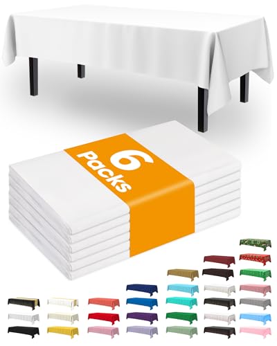 Pureegg Plastic Table Cloth Disposable 6 Pack 54 x 108 Inch Table Cloths Party Picnic Wedding Decorative Tablecloths Rectangle White Plastic Cover Waterproof White