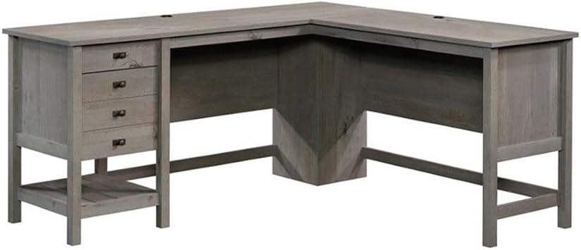 UrbanPro L-Shaped Farmhouse Computer Desk, 65.12" W x 58.66" D x 29.76" H, Engineered Wood, Mystic Oak Finish, Spacious Work Surface, Drawers with Storage, Shelf, Home Office Desk