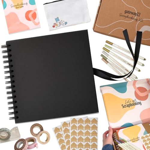 Scrapbook Kit - 80 Page Photo Album Scrapbook for DIY Memory Book - holds 240 Photos, with Metallic Pens, Photo Corner Sticker Sheets, Washi Tape Set, How-To-Guide (Black, 21 x 21cm)