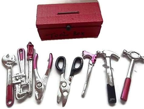 FAIRY OR HOBBIT MINIATURE TOOL BOX WITH 8 ASSORTED TOOLS TO PLACE IN YOUR FAIRY GARDEN