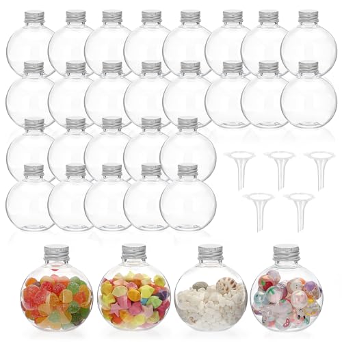 SUMTree 30 bottiglie di plastica fai da te con coperchio in alluminio, multiuso, trasparente, per caramelle, tè, aromi, bracciale (forma sferica, 150 ml, con 5 tramite)
