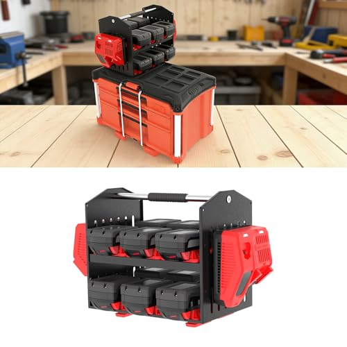 DITKOK Battery Holder for M18 Battery Portable Battery Organizer with Handle Compatible with Milwaukee Packout Charger Mount for M18 DFC/ M12-18C/ M12-18FC Holds 12 Batteries & 2 Chargers