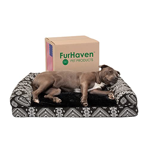 Furhaven Pet Bed for Dogs and Cats - Plush and Southwest Kilim Decor Sofa-Style Egg Crate Orthopedic Dog Bed, Removable Machine Washable Cover - Black Medallion, Large