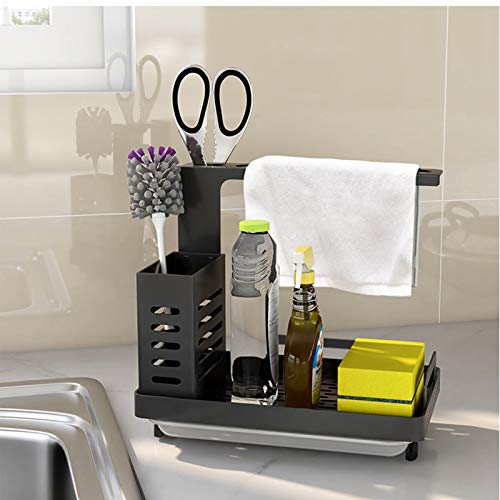 Shunfaji Organizador para fregadero de cocina y baño con escurridor, adhesivo y superficie de trabajo, cepillo de esponja de doble uso, soporte para jabonera, acero inoxidable (201), color negro