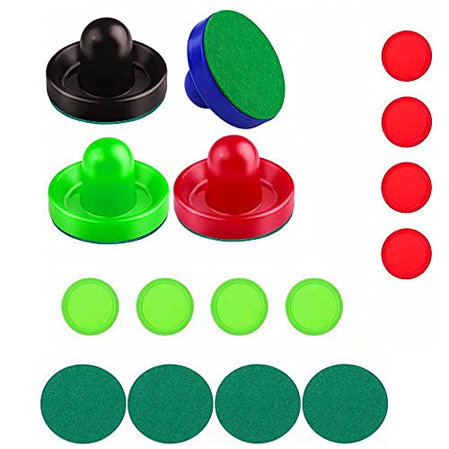 16 Pack Air Hockey Pushers and Replacement Air Hockey Pucks for Air Hockey Table Games, 4 air Hockey Pushers (Contain red, Black, Blue and Green), 4 Green Pads, 4 Red Pucks and 4 Green Pucks