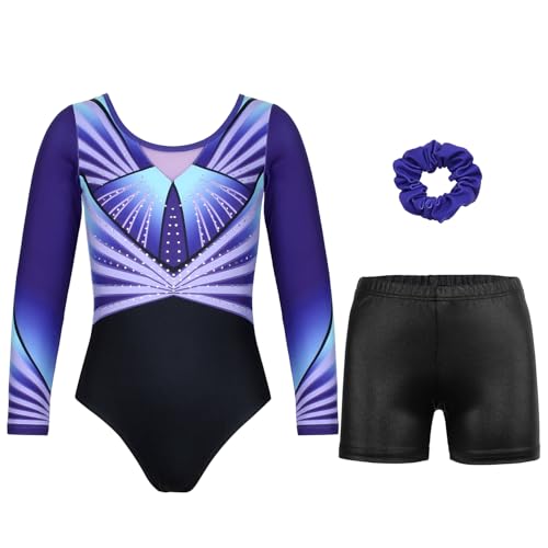 Gymnastics Leotards for Girls With Shorts Sparkly Ballet Dance Long Printed Sleeve Outfit 12-13 Years Lavender Diamond