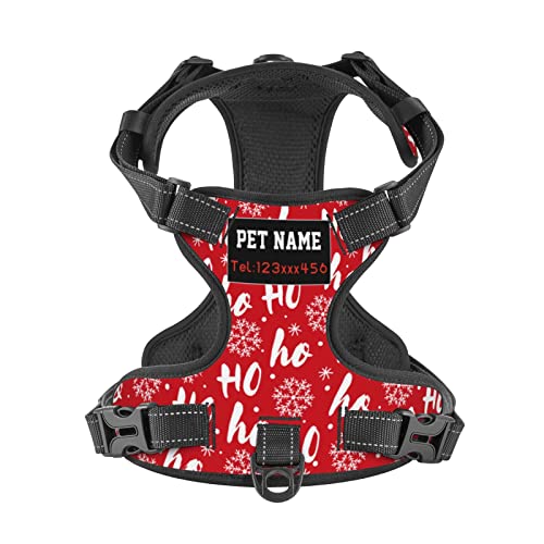 Custom No Pull Dog Harness, Personalized Christmas Snowflake Red Dog Vest with Pet Name Phone Number, Customized Adjustable Reflective Pet Harness for Large Medium and Small Dogs Cats Outdoor Walking