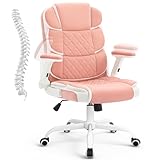 SEATZONE Ergonomic Office Chair Pink PU Leather Desk Chairs Computer Chair with Wheels and Flip-up Arms,Rolling Swivel Task Chair for Women,Girls