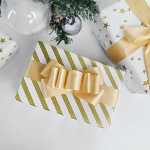 Image of Double Face Champagne Gold Satin Ribbon 1-1 /2 inch X 50 Yards Polyester Champagne Gold Ribbon for Gift Wrapping Very Suitable for Weddings Party Hair Bow Invitation Decorations and More