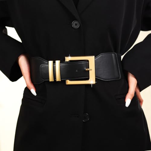 Women Elastic Wide Belt Stretchy Waist Belt for Dresses Fashion Gold Buckle Leather Waistband for Ladies4