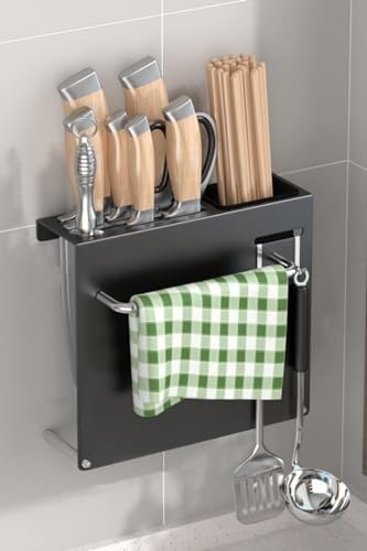 包丁スタンド まな板スタンド ステンレス 刀架 包丁ケース 包丁立て収納 壁掛け式カウンタートップ 防錆 ナイフ/フォーク/スプーン/お箸 (S,ブラック)