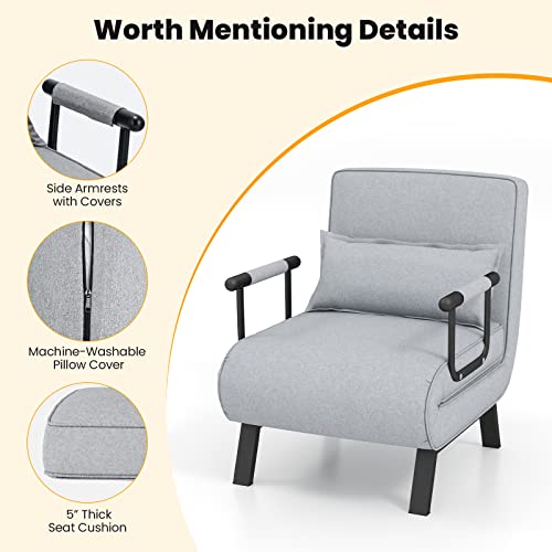 Giantex Convertible Sofa Bed, 4-In-1 Sleeper Chair With Pillow, Modern Recliner Guest Bed With 6 Positions Adjustable Backrest, Metal Legs, Linen Fabric Armchairs For Nursery Living Room Office (Gray) #TOP5