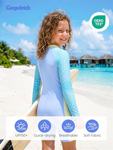 Gogokids Girls One Pieces Swimsuits Long Sleeve Rash Guard Suits UPF 50+ Bathing Suits Zipper Quick Dry Swimwear,Light Blue,7-8 Years — view 4