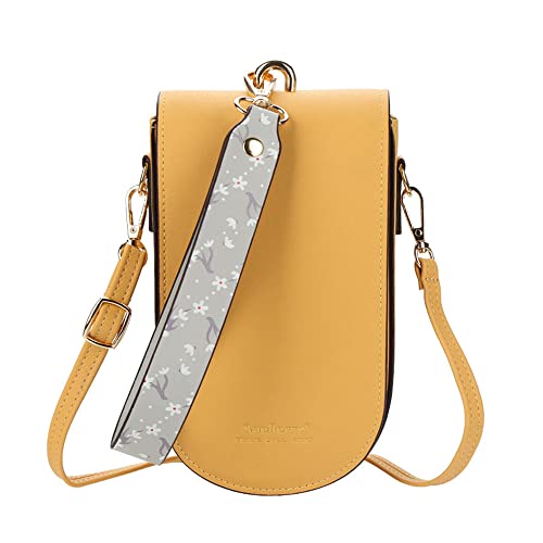 Portefeuille pour femme en cuir synthétique - Grand portefeuille pour femme avec chaîne - Portefeuille mobile - Sac à bandoulière, jaune Cover
