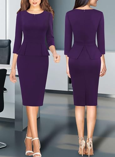 Image of VFSHOW Womens Wear to Work Front Zipper V Neck Peplum Business Office Church Flattering Pencil Sheath Dress