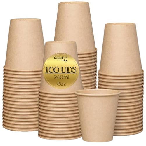 GreenFyA 100 Vasos De Papel 240ml (8oz) Ecológicos Desechables apto Cafe-Agua-Bebidas Calientes-etc