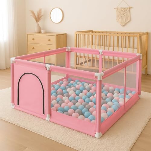 Image of Baby Playpen with Balls - Portable Play Yard with Mesh Panels for Safety & Visibility, Indoor /Outdoor Toddler Activity Fence for Boys & Girls (Pink)