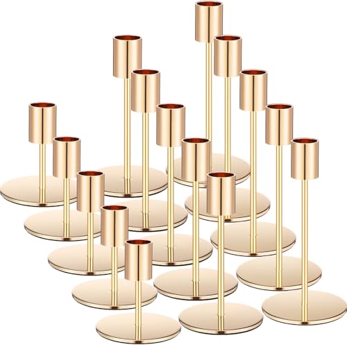Sieral Candle Holders Bulk Taper Candlesticks Holders Set Modern Decorative Metal Candelabras for Wedding Anniversary Home Dinning Table Centerpiece Xmas Party Decor(Gold,15 Pcs)