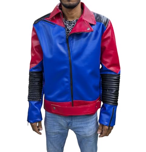 Men’s Red Blue Genuine Sheepskin Quilted Shoulders Stylish Punk Soft Streetwear Biker Rider Leather Jacket3